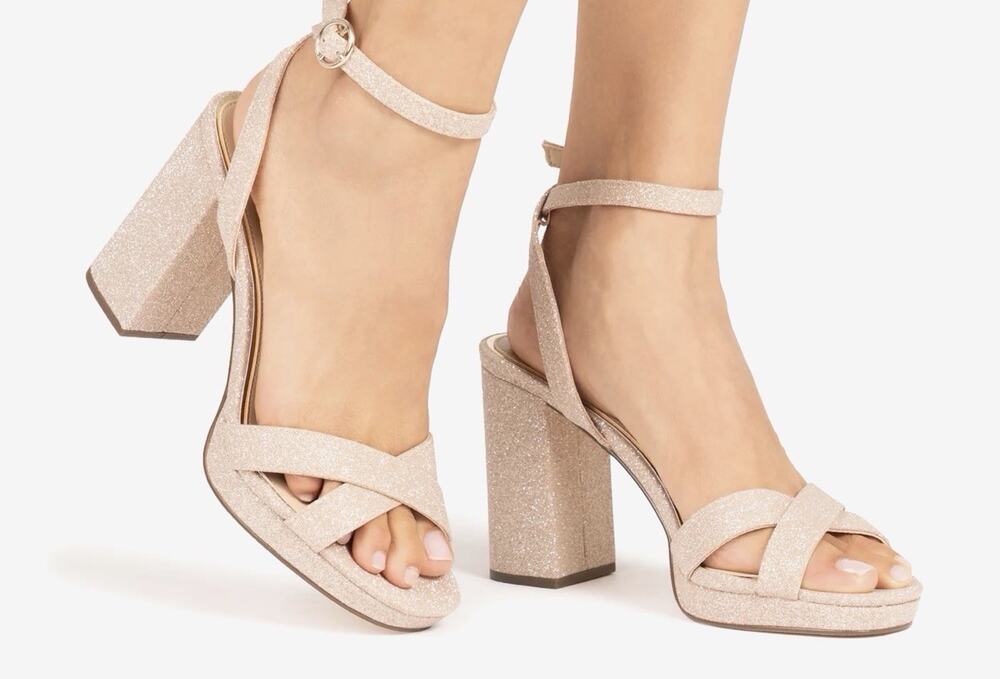Nina SHELIA NUDE GLITTER NET BLOCK-HEEL PLATFORM SANDALS ANKLE-STRAP 7.5 SRS2